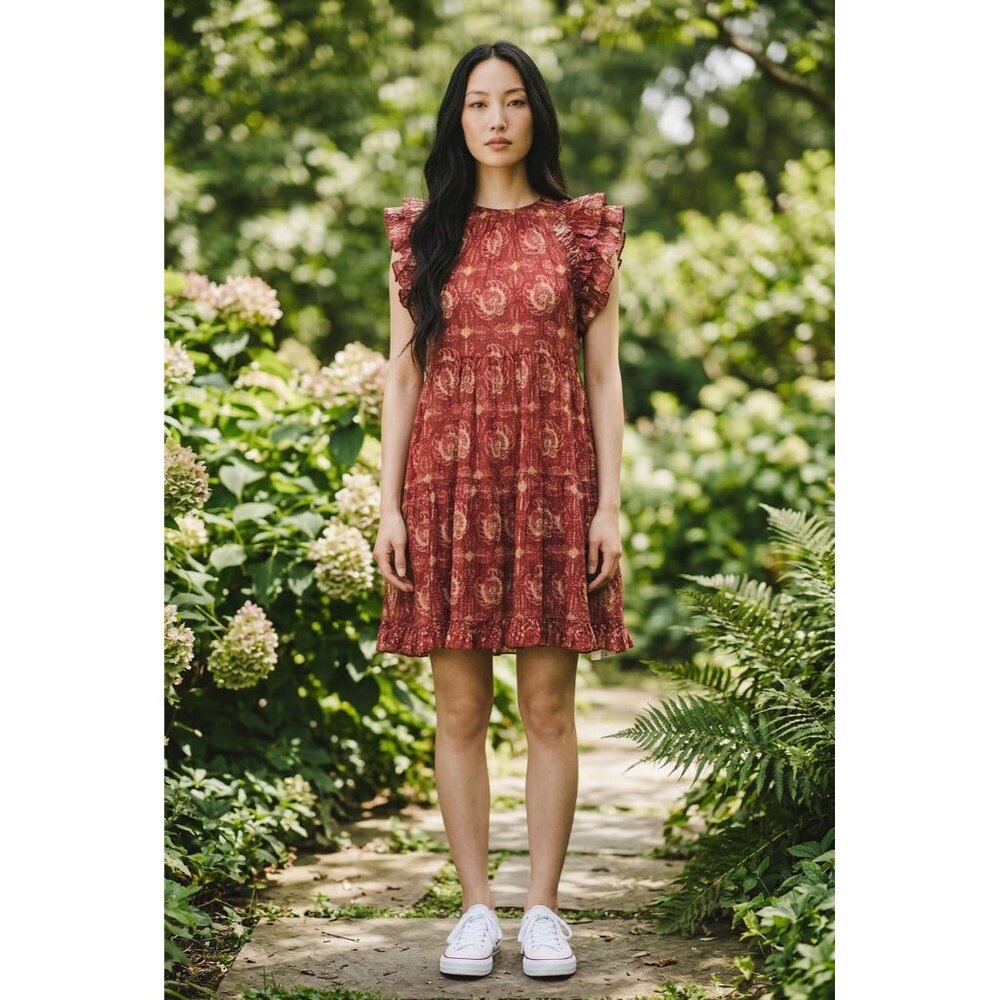 Ulla Johnson Burgundy Ruffle Mini Dress XS Boho Romantic Cottagecore Chic
